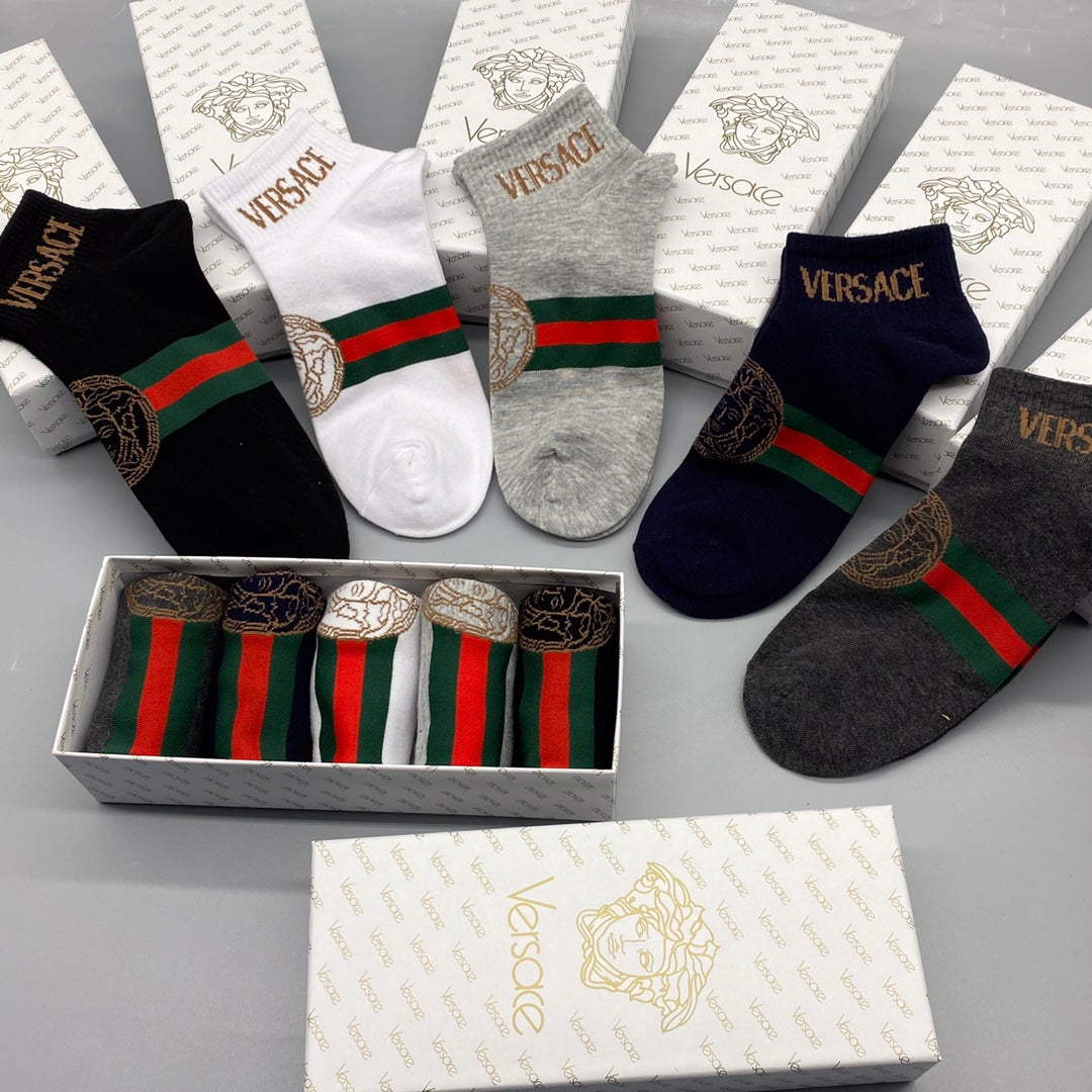 Versace Combed Cotton Short Socks - Mixed Colour 5-Pair Box