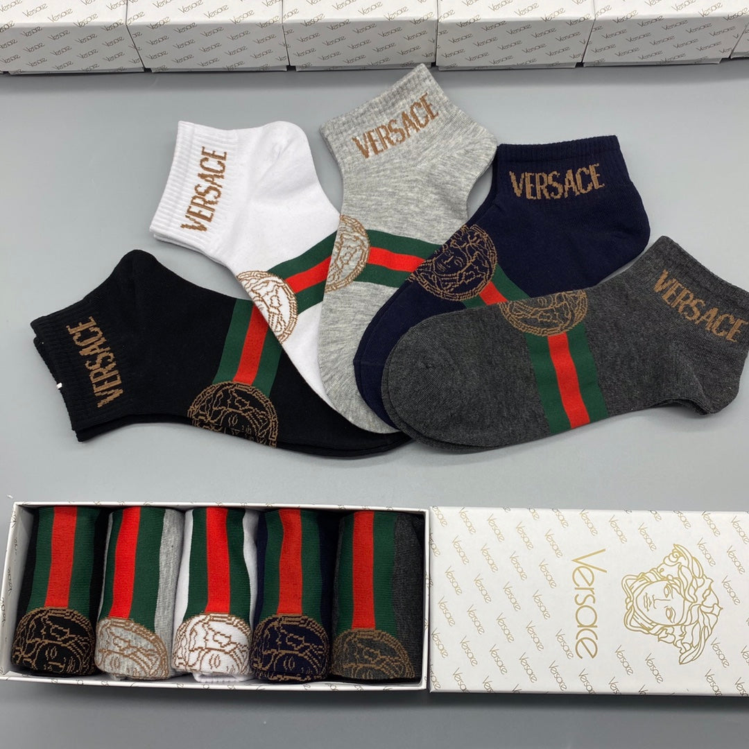 Versace Combed cotton Red-And-Green Stripe Details Ankle Socks - 5-Pair Set