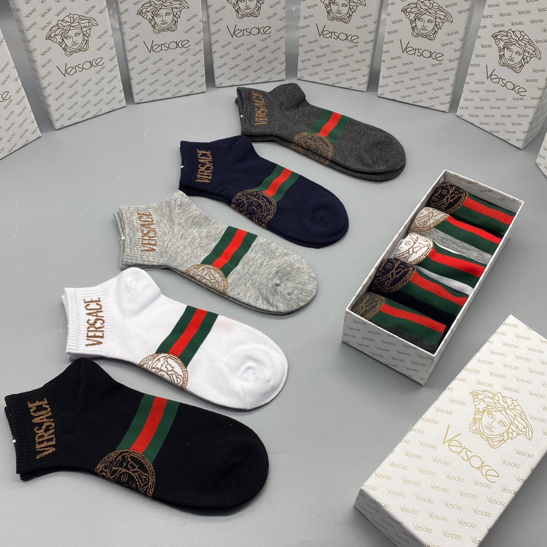 Versace Stripe And Medallion Details Ankle Socks - 5-Pair Set