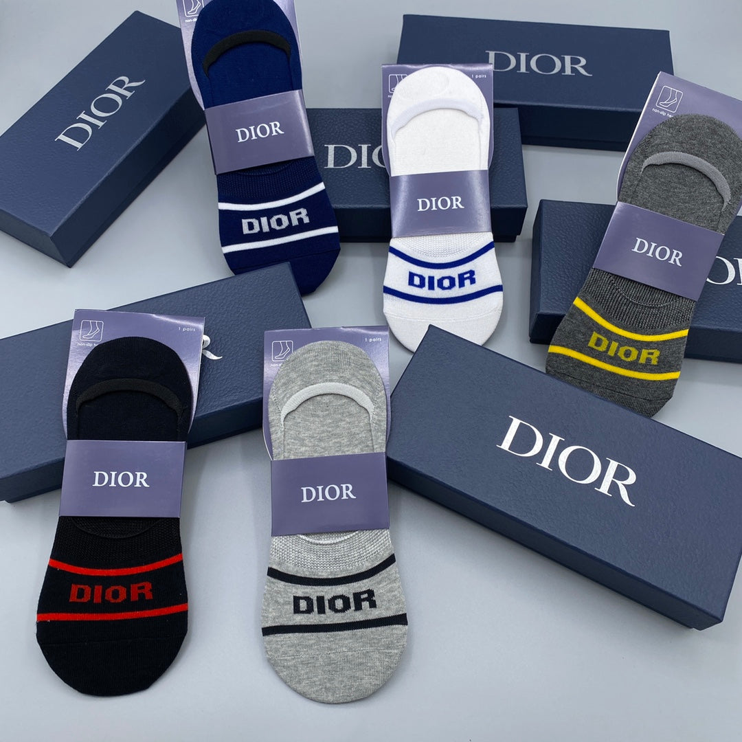 Dior Cotton Visible Colour, Cuff And Emblem Details No-Show Socks - 5-Pair Set