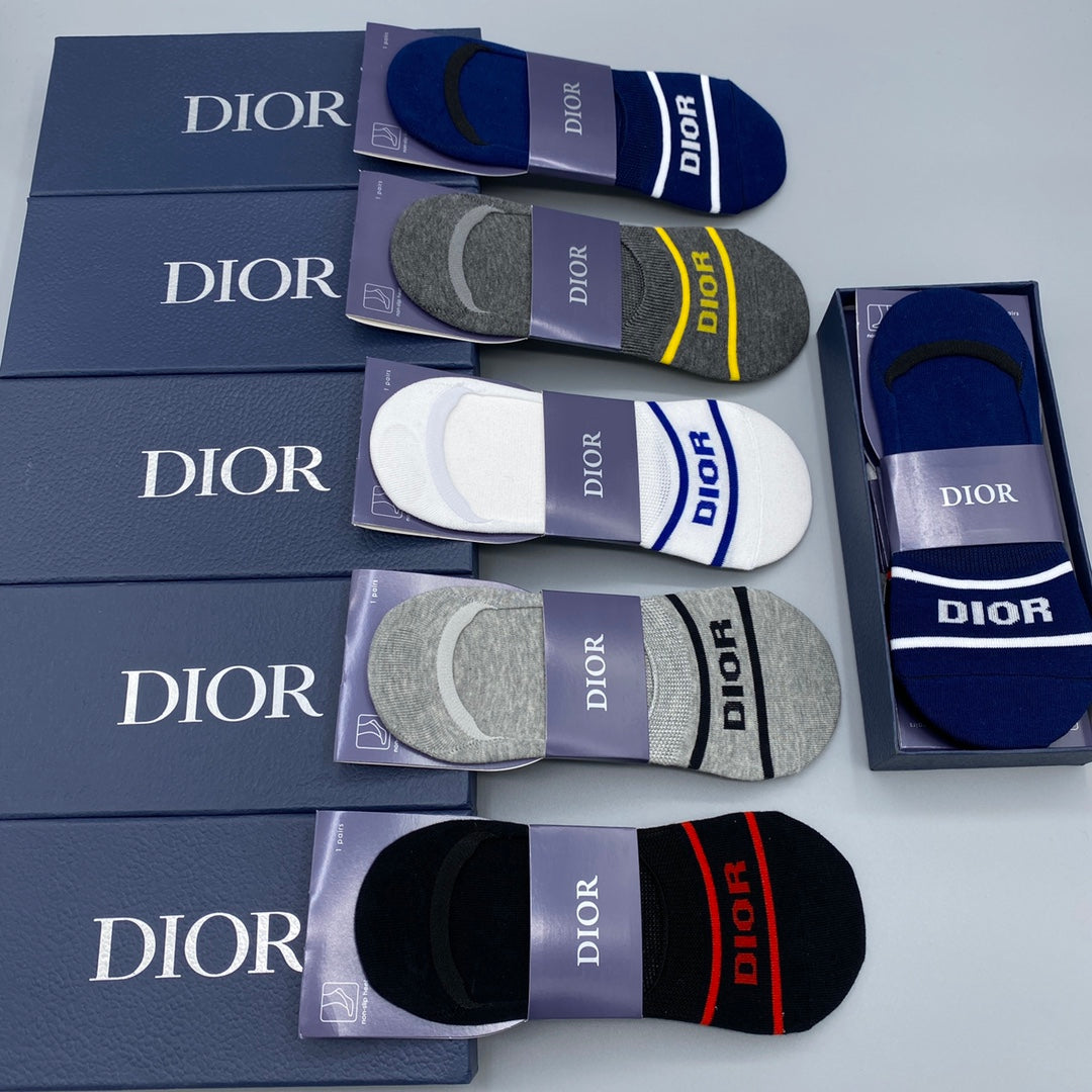 Dior Cotton Visible Colour, Cuff And Emblem Details No-Show Socks - 5-Pair Set