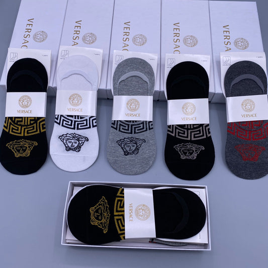 Versace Cotton Visible Cuff, Colour And Emblem Details No-Show Socks - 5-Pair Set
