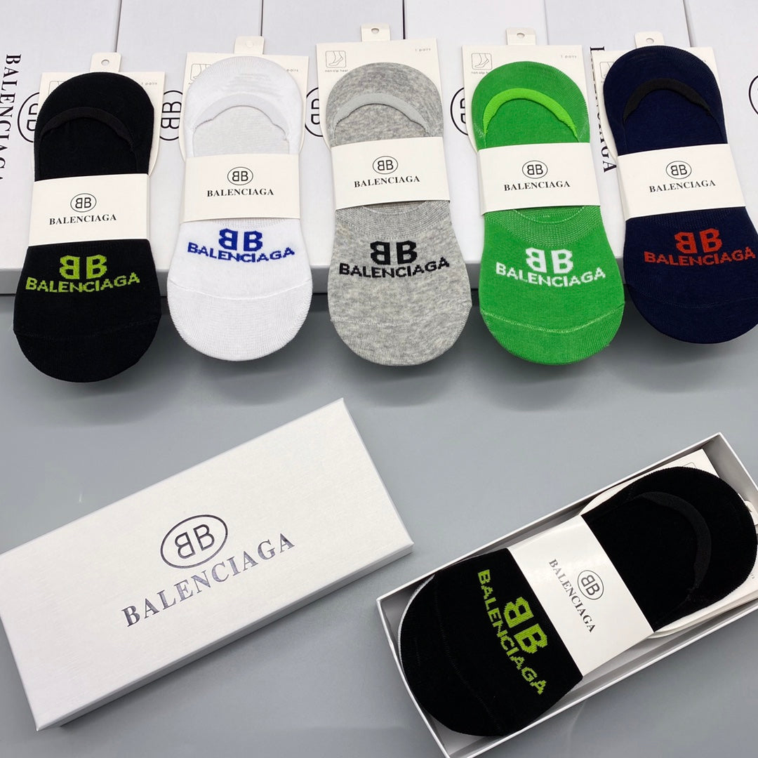 Balenciaga Cotton Visible Colour, Cuff And Emblem Details No-Show Socks - 5-Pair Set