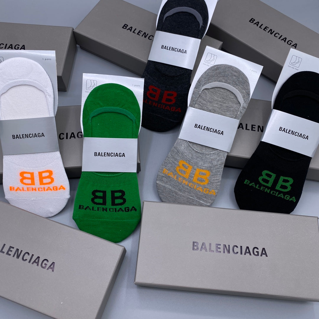 Balenciaga Cotton Visible Colour, Cuff And Emblem Details No-Show Socks - 5-Pair Set