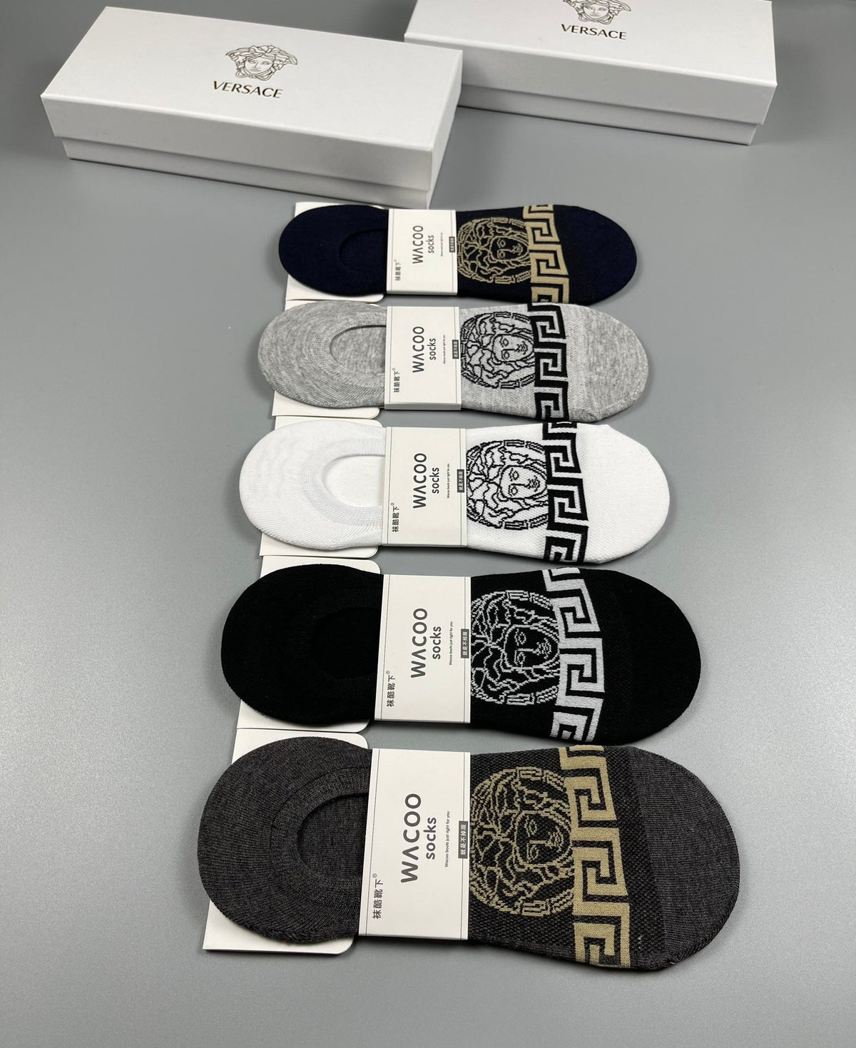 Versace Cotton Greek-Key And Medallion Details No-Show Socks - 5-Pair Set