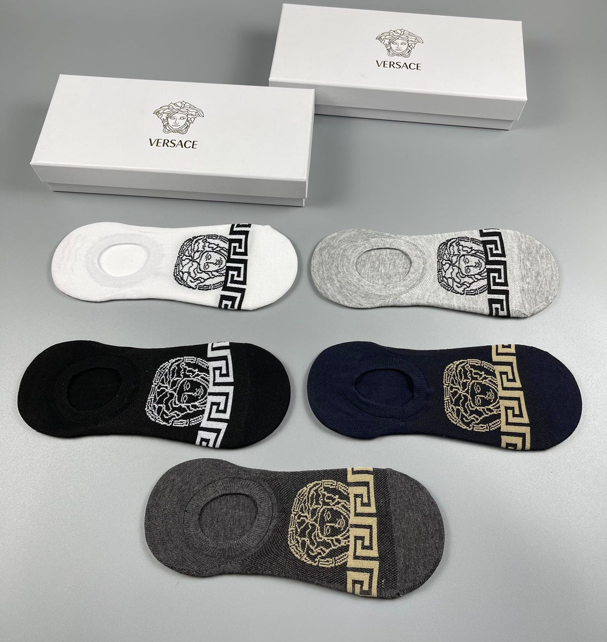 Versace Cotton Greek-Key And Medallion Details No-Show Socks - 5-Pair Set