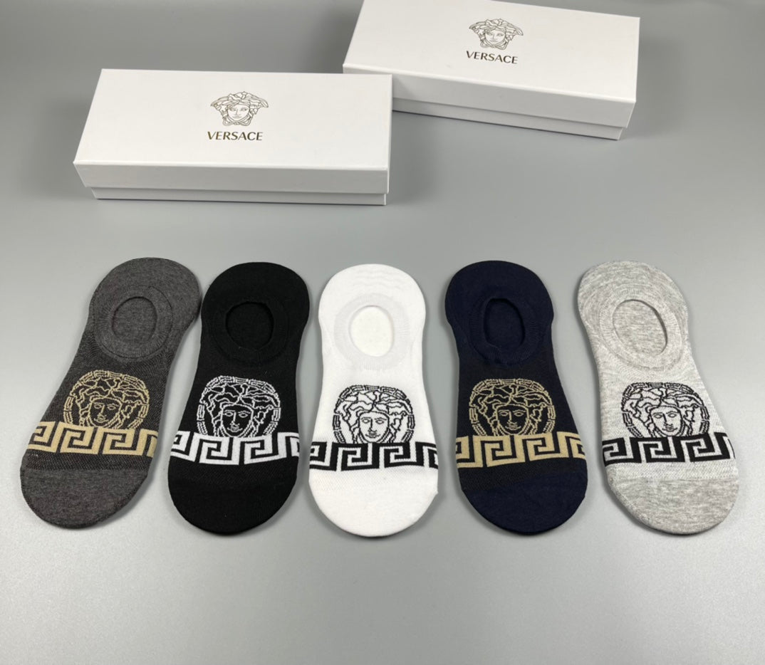 Versace Cotton Greek-Key And Medallion Details No-Show Socks - 5-Pair Set