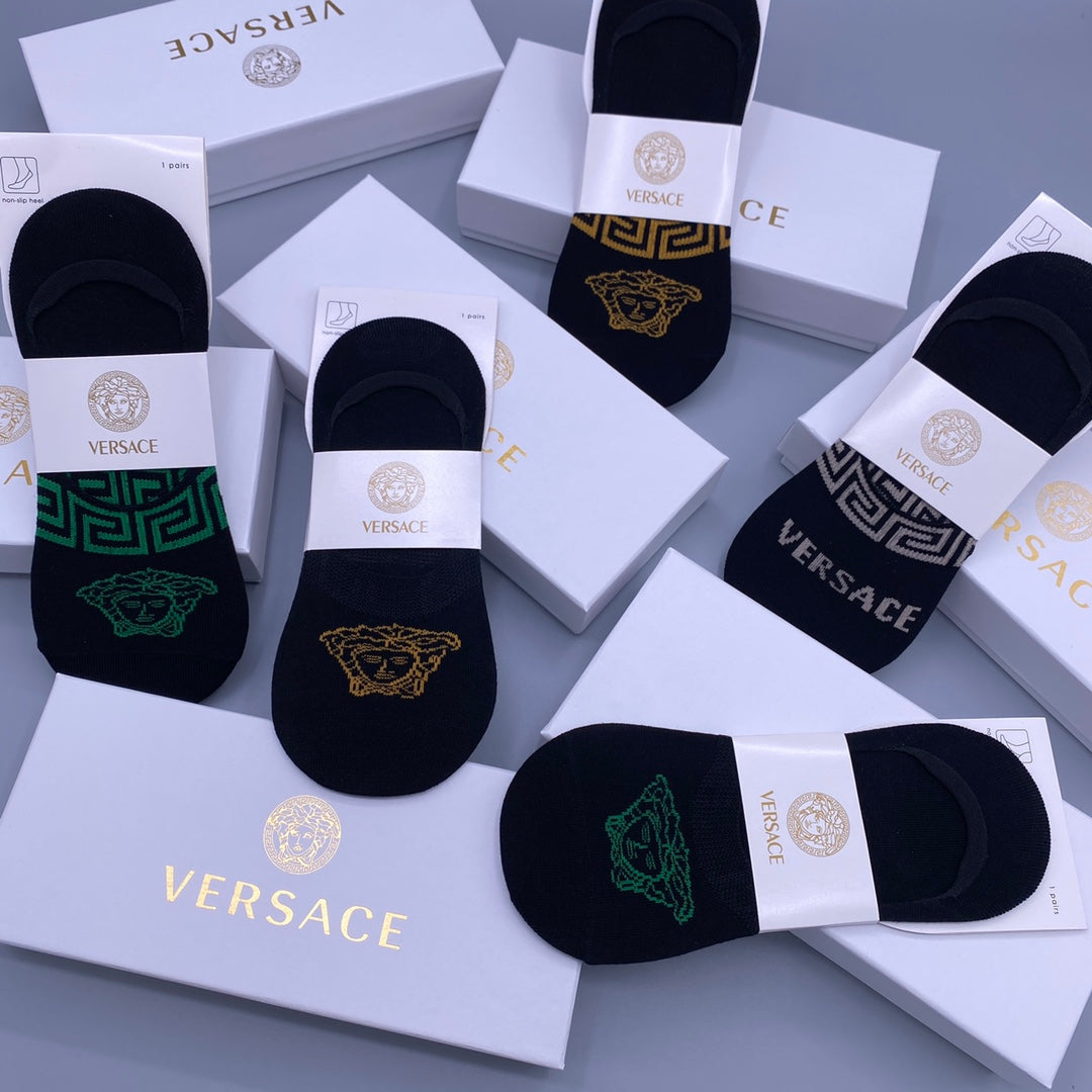 Versace Visible Logo, Stripe Or Motif Details No-Show Socks - 5-Pair Set