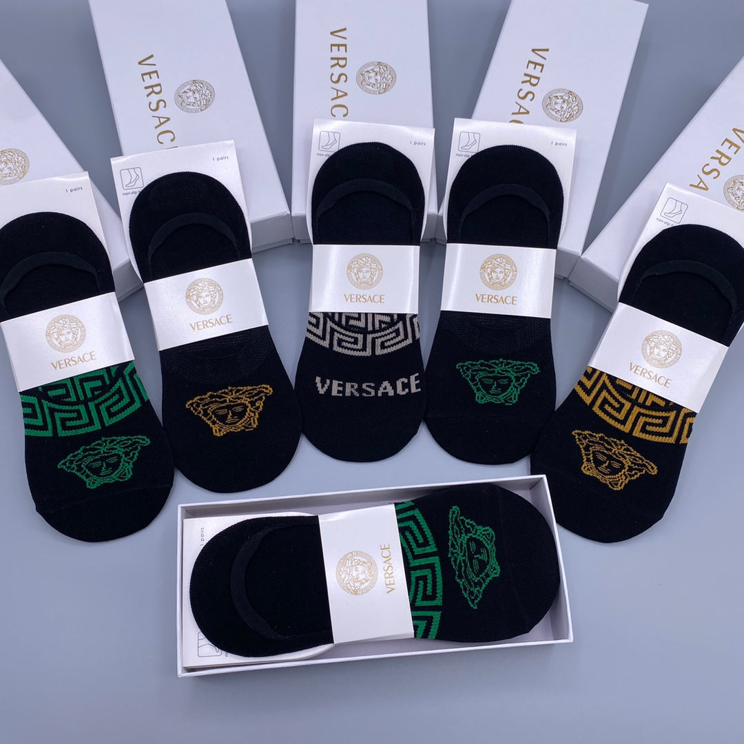 Versace Visible Logo, Stripe Or Motif Details No-Show Socks - 5-Pair Set