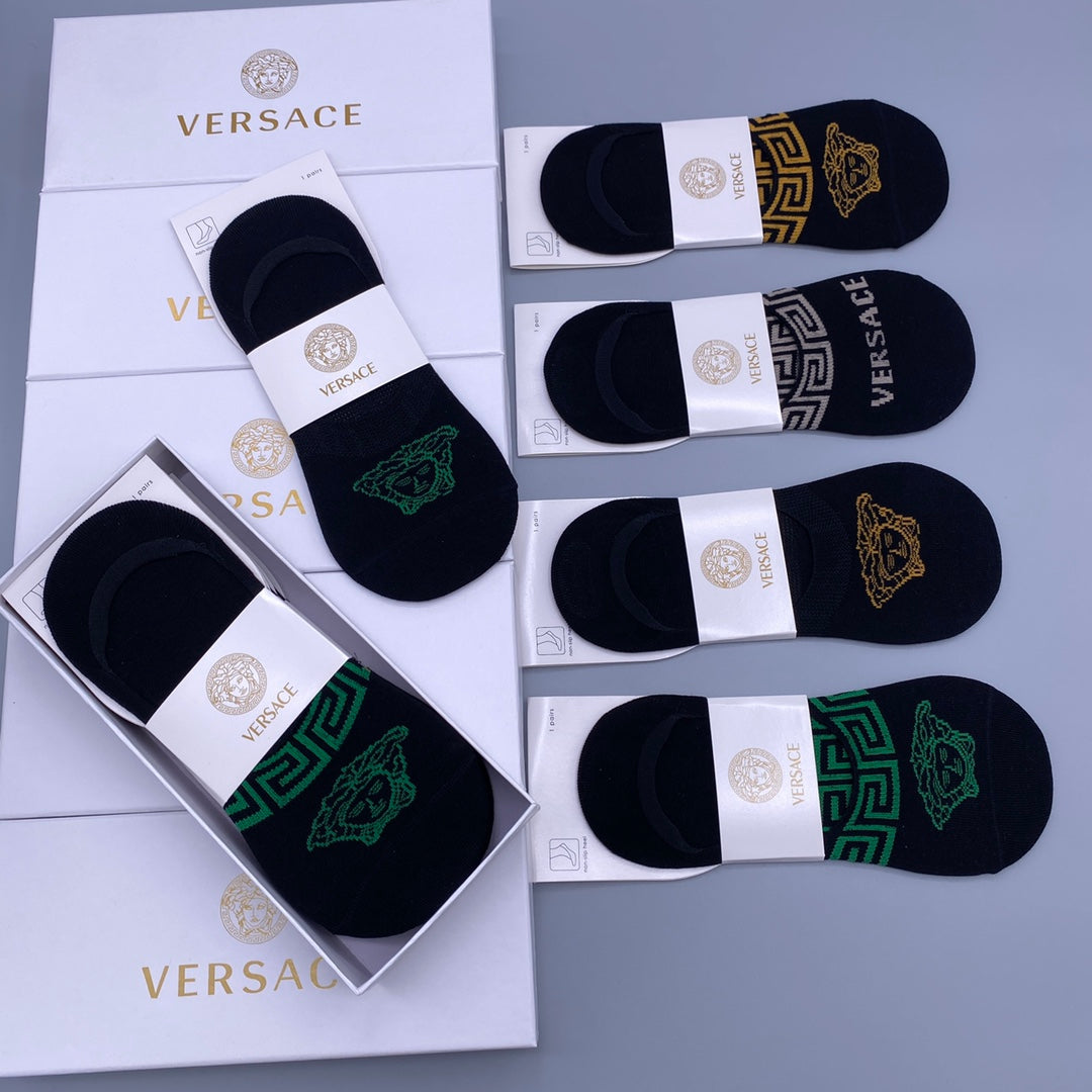 Versace Visible Logo, Stripe Or Motif Details No-Show Socks - 5-Pair Set