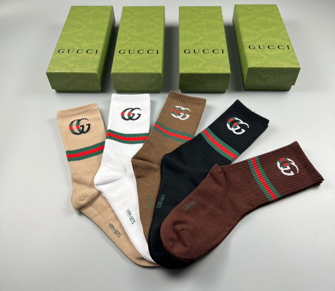 Gucci Cotton Blue, Green & White Tonal Waistbands Crew Socks - 5-Pair Set