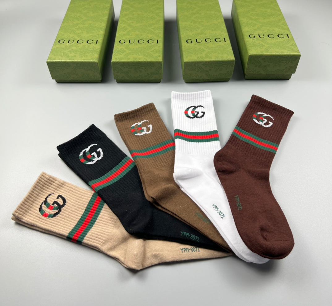 Gucci Cotton Blue, Green & White Tonal Waistbands Crew Socks - 5-Pair Set