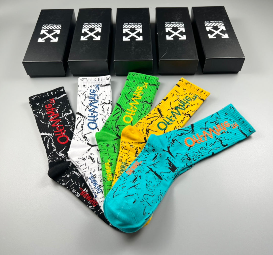 Off-White Cotton Visible Logo, Stripe Or Motif Details Crew Socks - 5-Pair Set