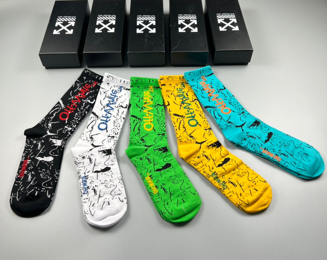 Off-White Cotton Visible Logo, Stripe Or Motif Details Crew Socks - 5-Pair Set