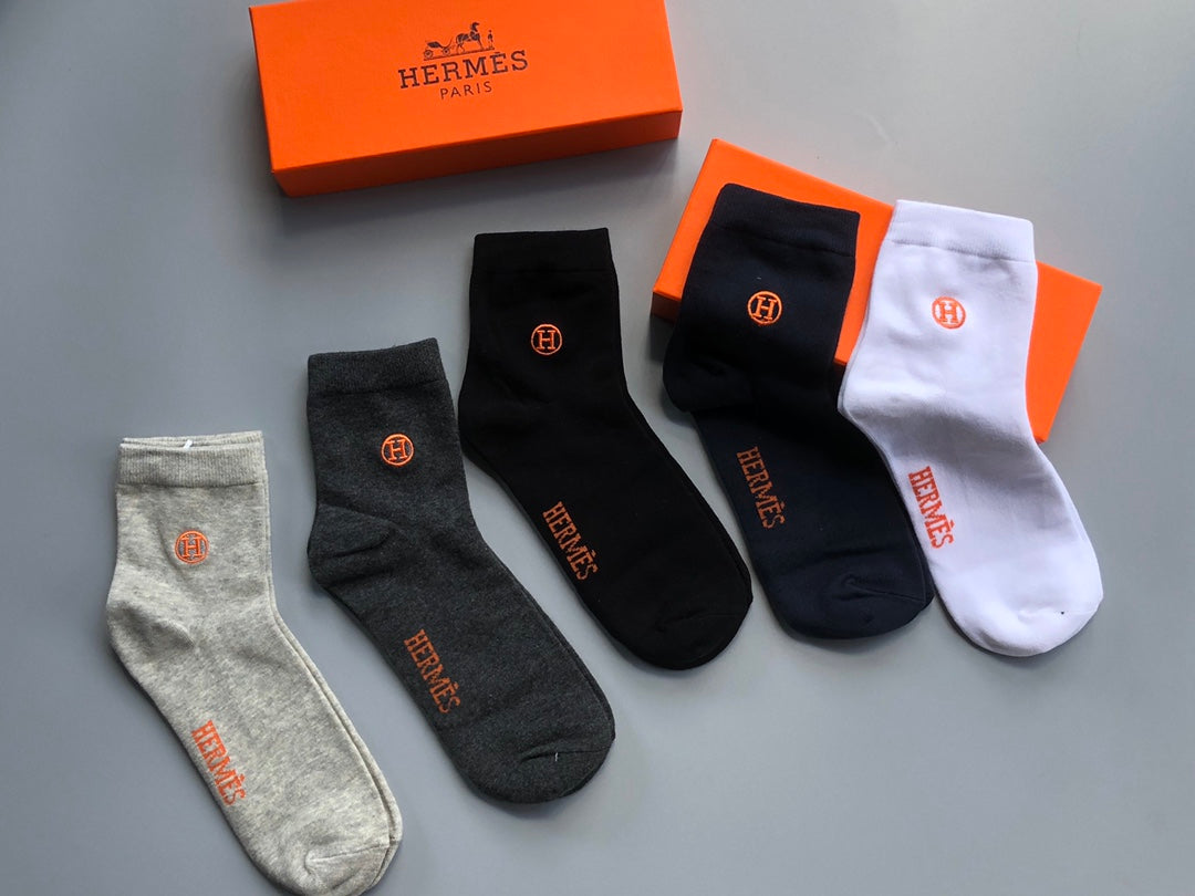 Hermes Cotton Visible Branded Cuff Or Emblem Details Crew Socks - 5-Pair Set