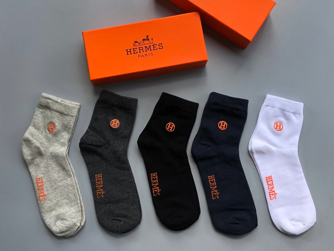 Hermes Cotton Visible Branded Cuff Or Emblem Details Crew Socks - 5-Pair Set