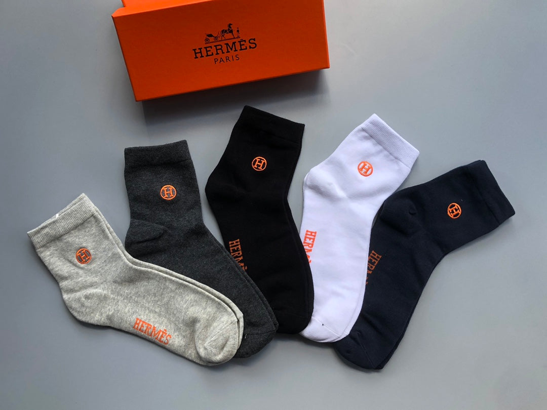 Hermes Crew Socks - Black, Grey and White 5-Pair Box
