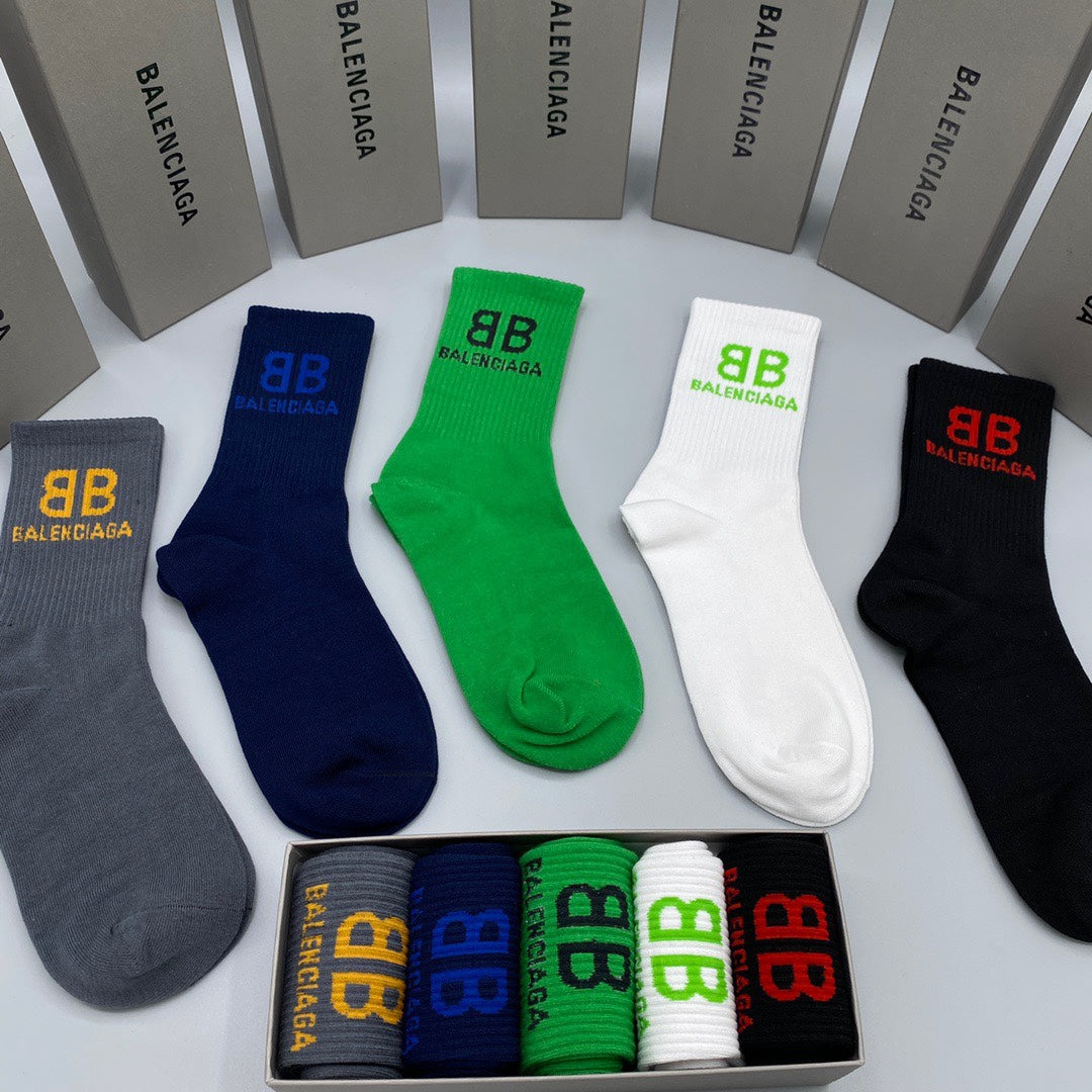 Balenciaga Mid-Calf Socks - Mixed Colour 5-Pair Box
