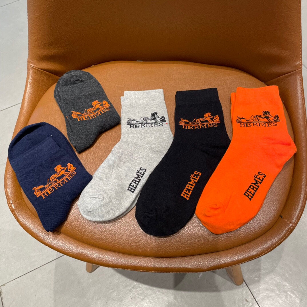 Hermes Ankle Socks - Charcoal, Grey, Black, Orange and Navy 5-Pair Box