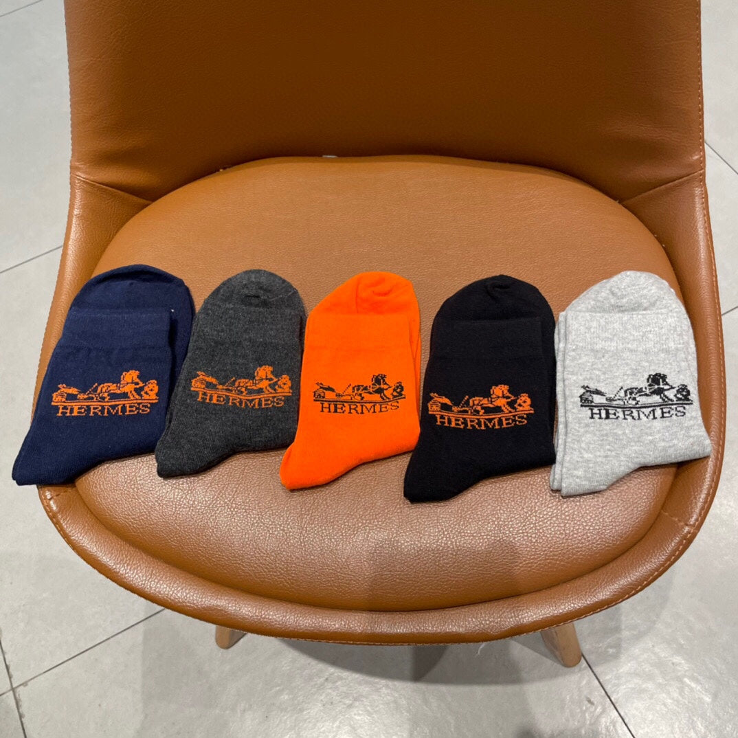 Hermes Visible Colour, Cuff And Emblem Details Crew Socks - 5-Pair Set