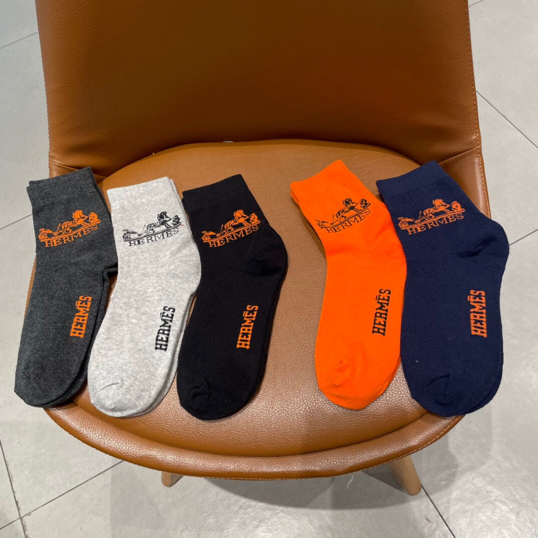 Hermes Visible Colour, Cuff And Emblem Details Crew Socks - 5-Pair Set