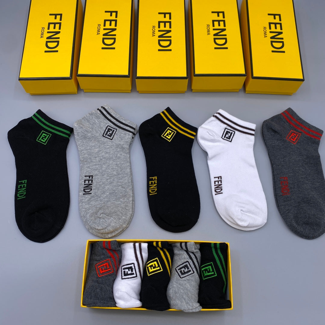 Fendi Bright Contrast Lettering No-Show Socks - 5-Pair Set