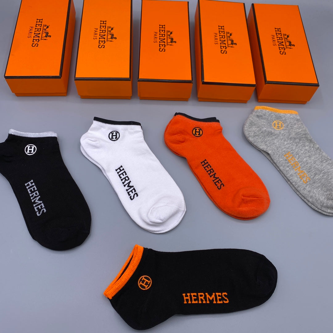 Hermes Cotton Visible Branded Cuff Or Emblem Details Crew Socks - 5-Pair Set