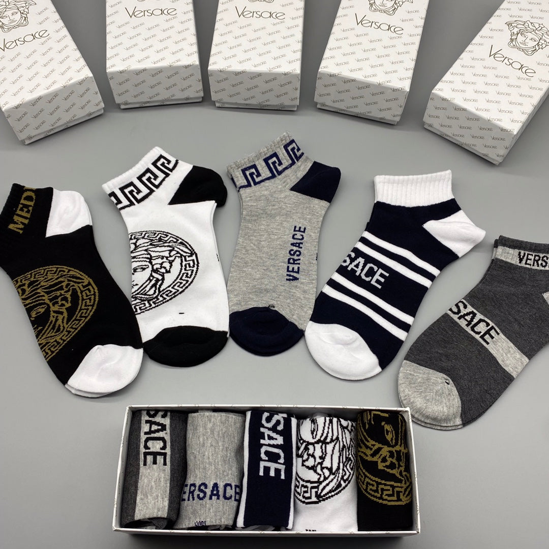 Versace Medallion And Stripe Details Ankle Socks - 5-Pair Set