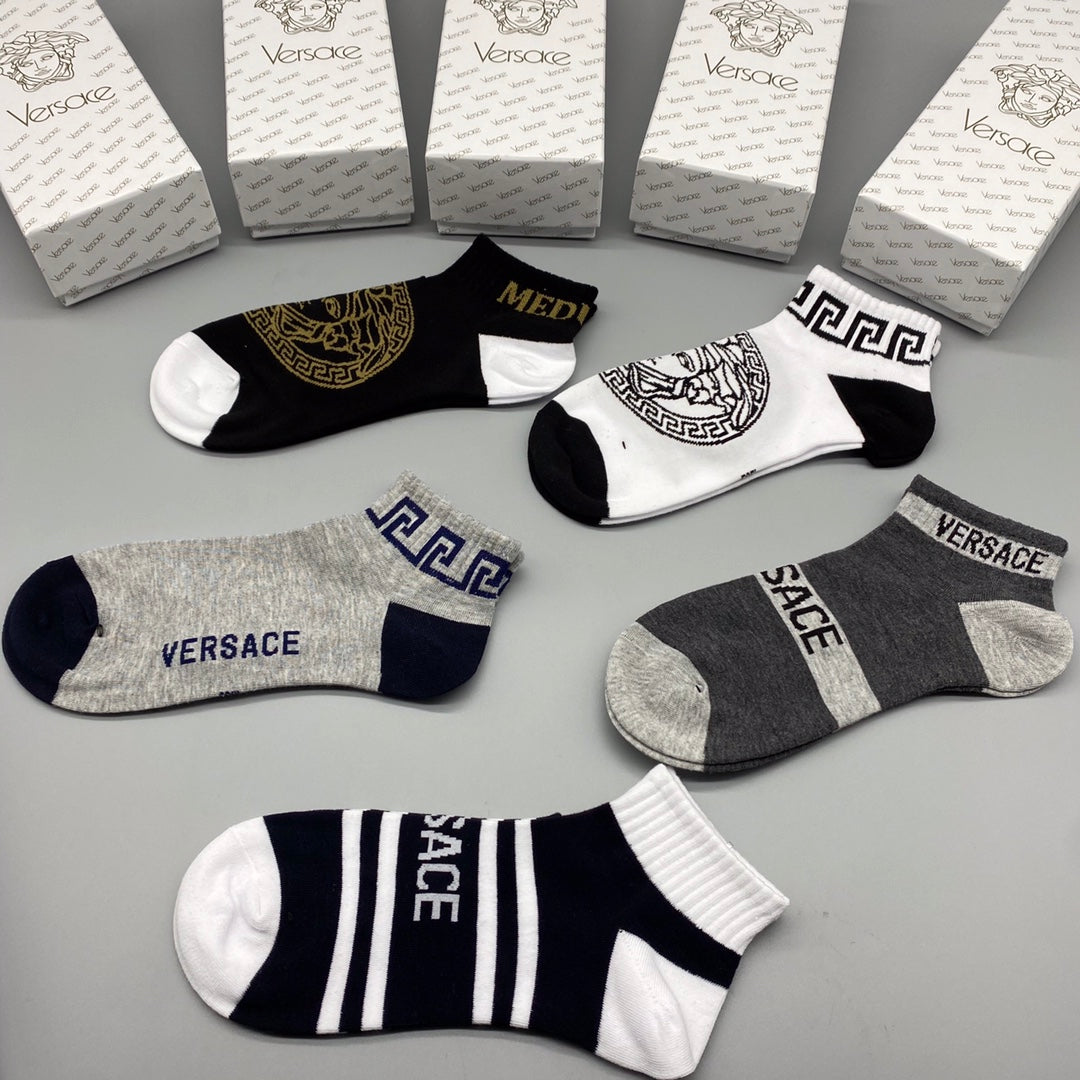 Versace Bold Medallion And Letter Graphics Ankle Socks - 5-Pair Set
