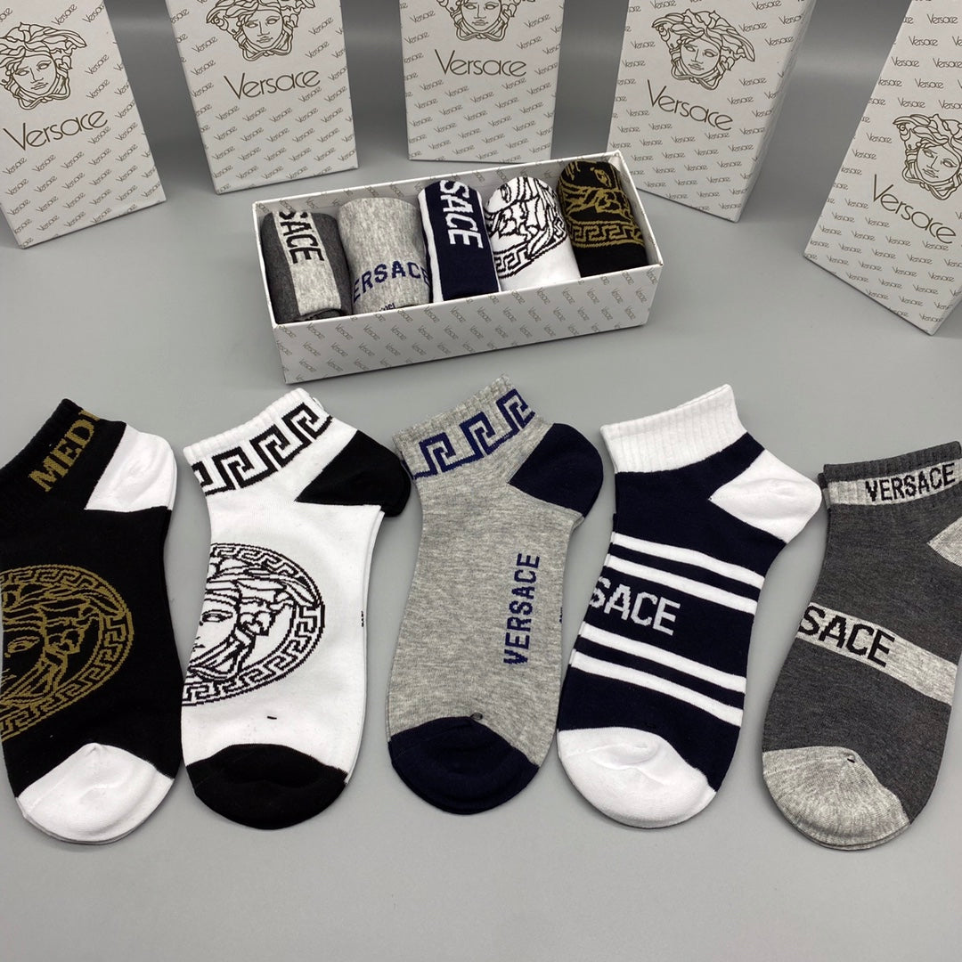 Versace Medallion And Stripe Details Ankle Socks - 5-Pair Set