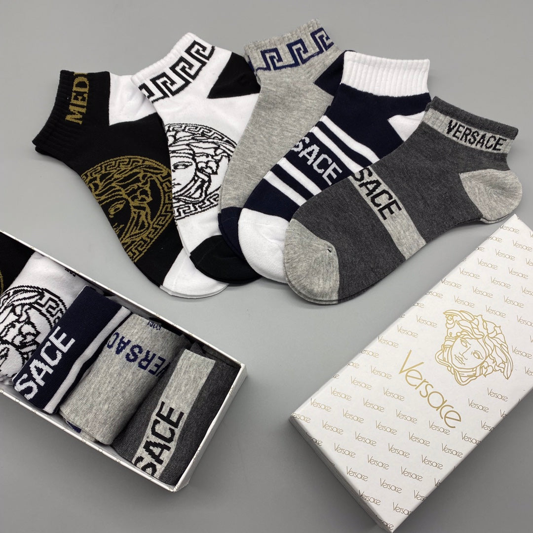 Versace Medallion And Stripe Details Ankle Socks - 5-Pair Set