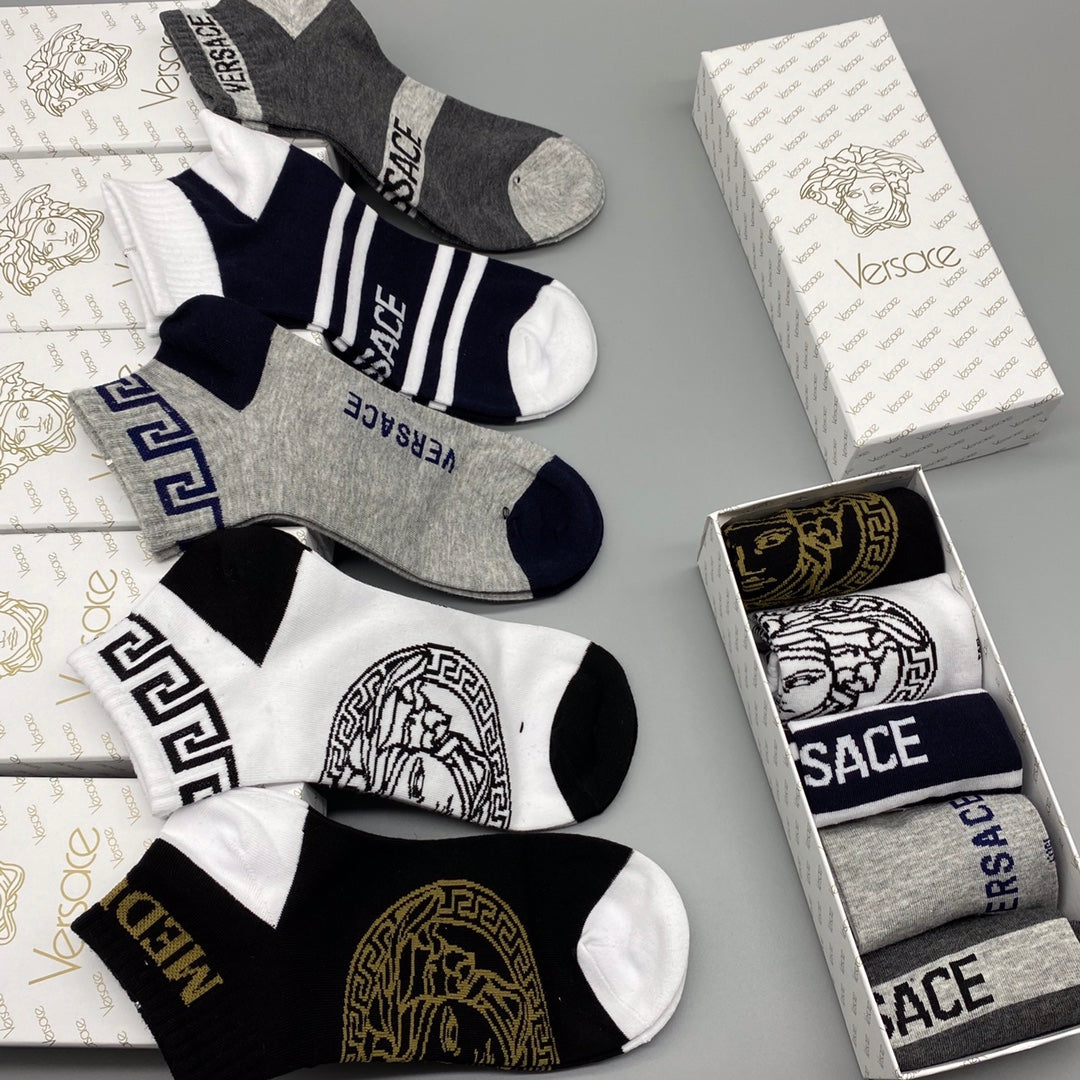Versace Medallion And Stripe Details Ankle Socks - 5-Pair Set