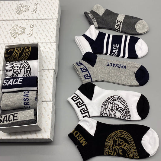 Versace Bold Medallion And Letter Graphics Ankle Socks - 5-Pair Set