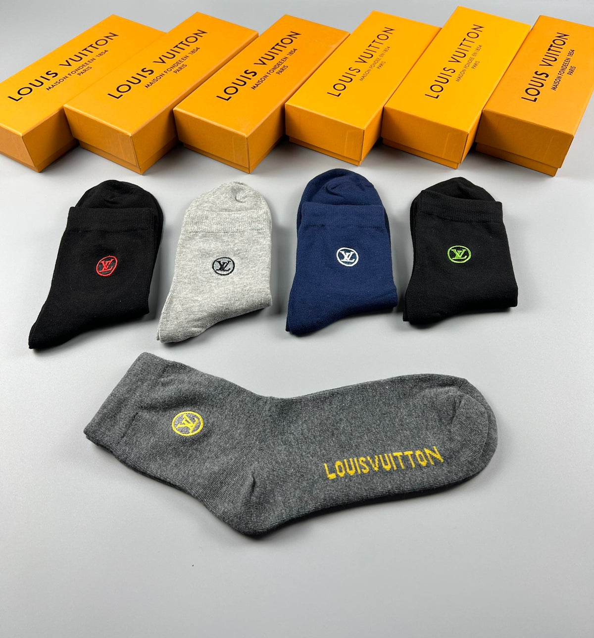 Louis Vuitton Cotton Visible Cuff, Colour And Emblem Details Crew Socks - 5-Pair Set