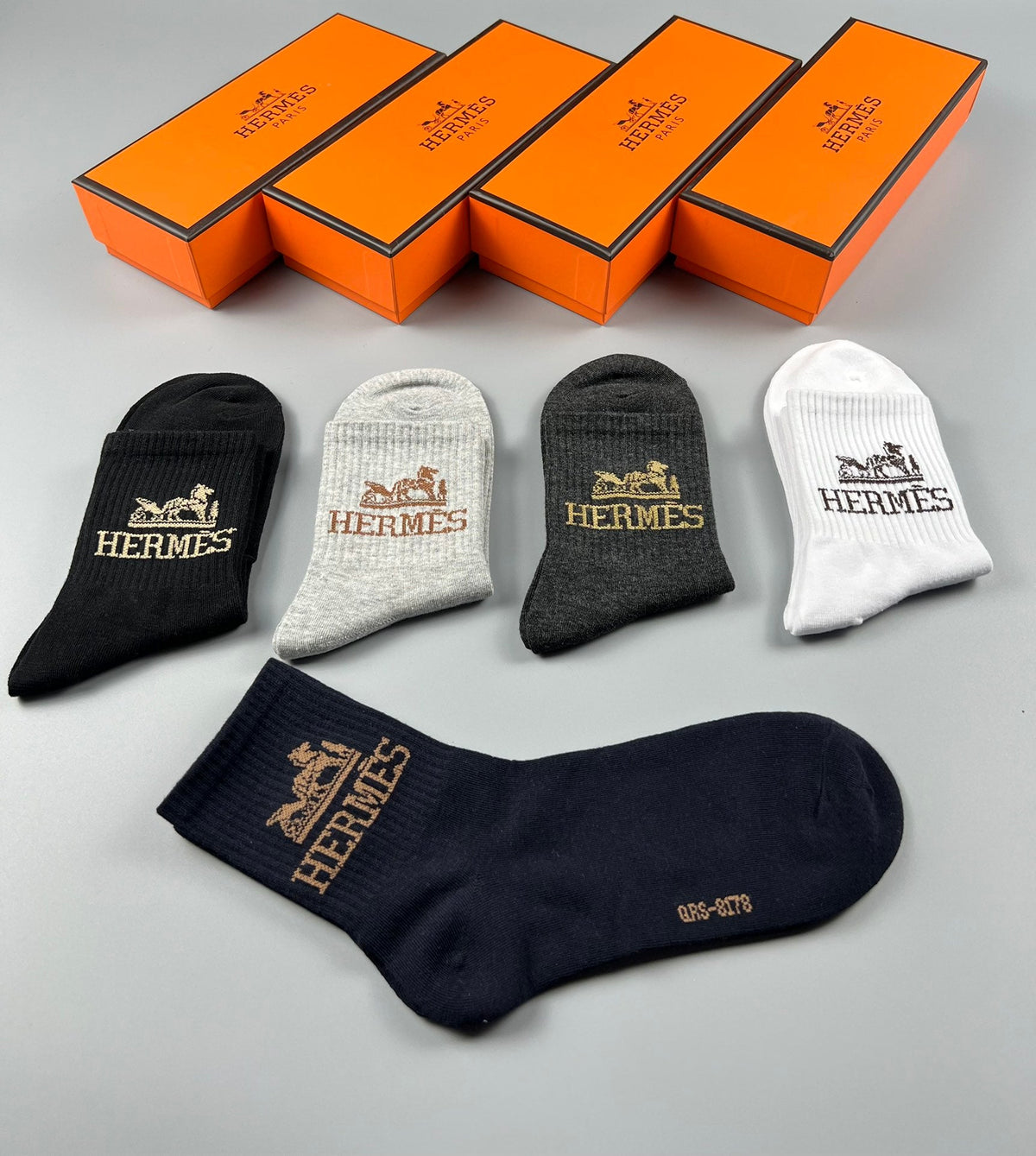 Hermes Ankle Socks - Black, Grey, White and Navy 5-Pair Box