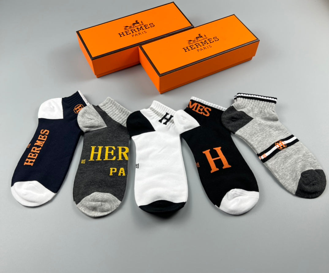 Hermes Cotton Initial And Wordmark Details No-Show Socks - 5-Pair Set