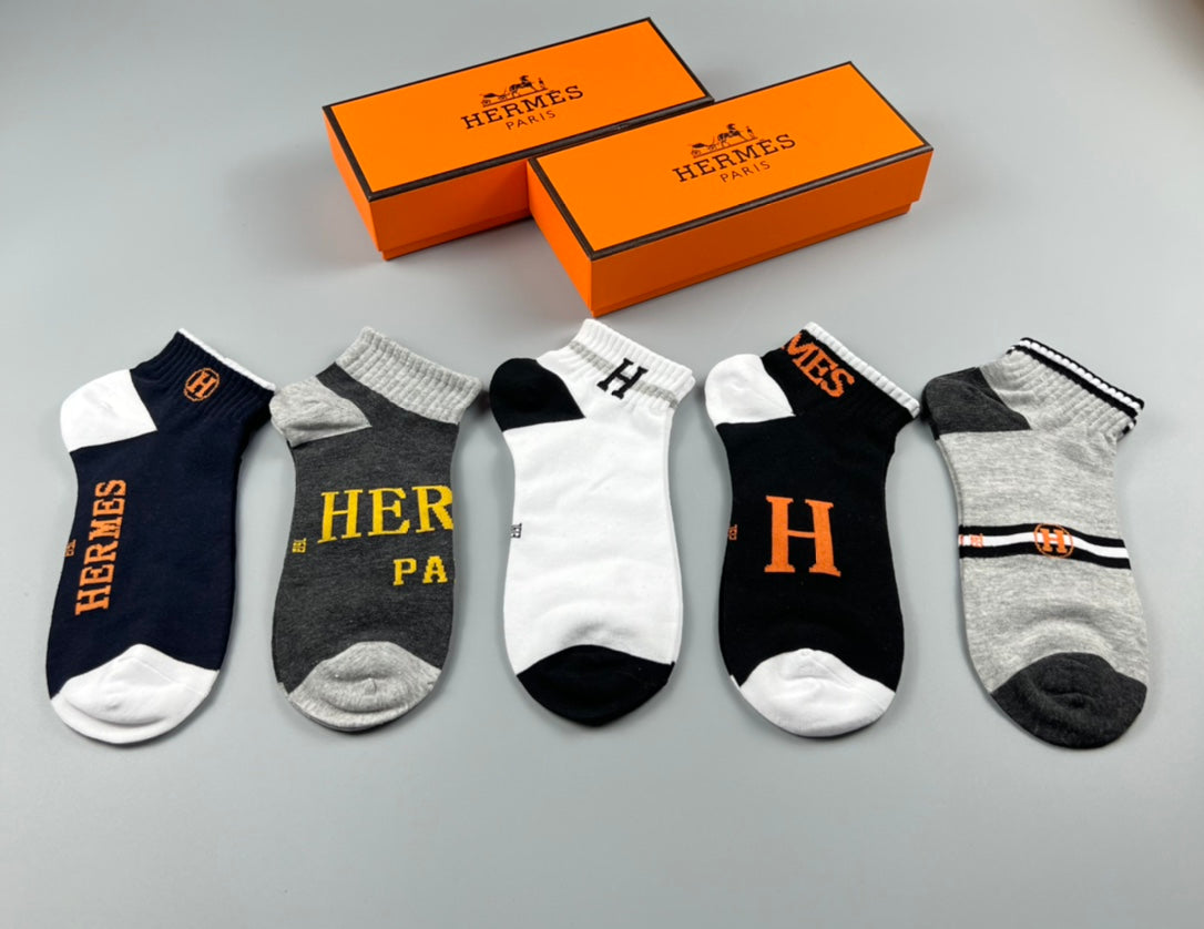 Hermes Cotton Initial And Wordmark Details No-Show Socks - 5-Pair Set