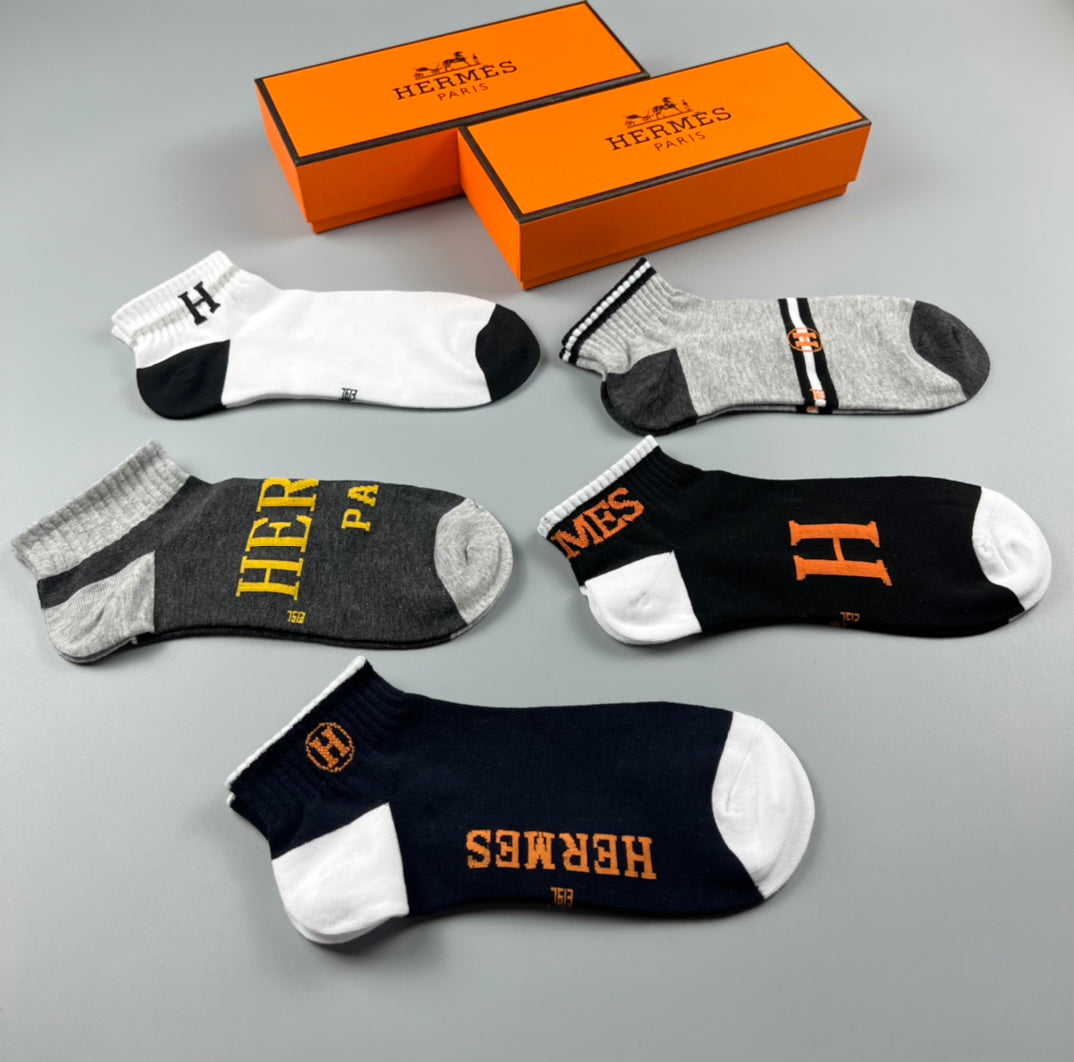 Hermes Cotton Initial And Wordmark Details No-Show Socks - 5-Pair Set