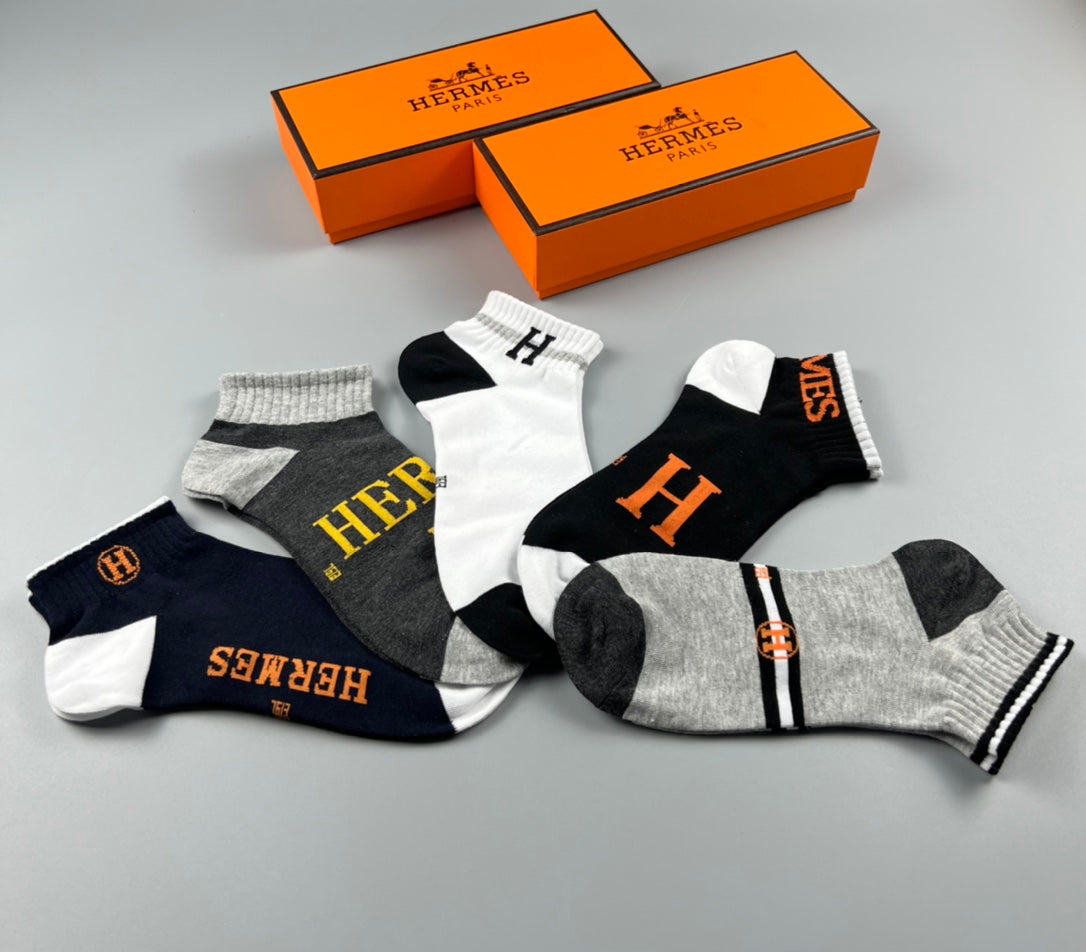 Hermes Cotton Initial And Wordmark Details No-Show Socks - 5-Pair Set