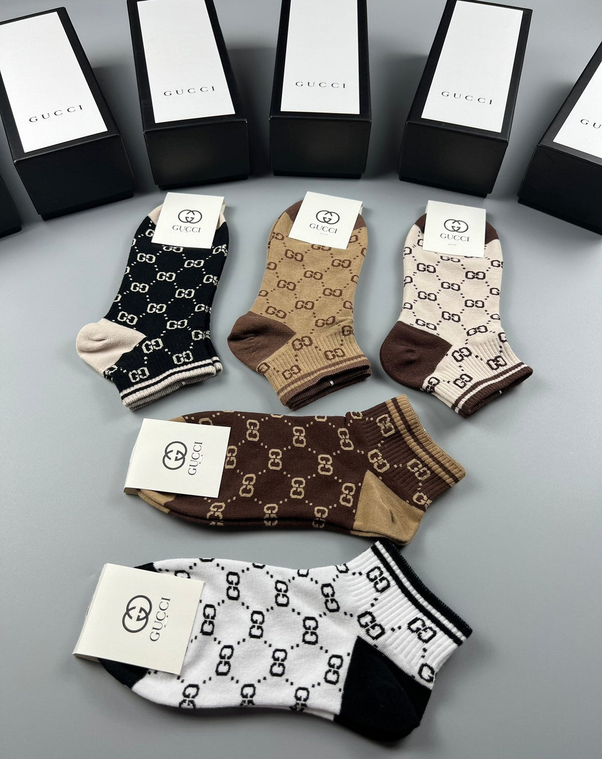 Gucci Neutral Monogram Crew Socks - Box of 5 Pairs