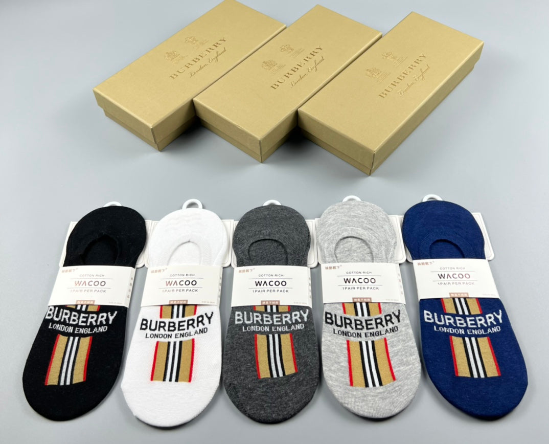 Burberry Stripe And Wordmark Details No-Show Socks - 5-Pair Set