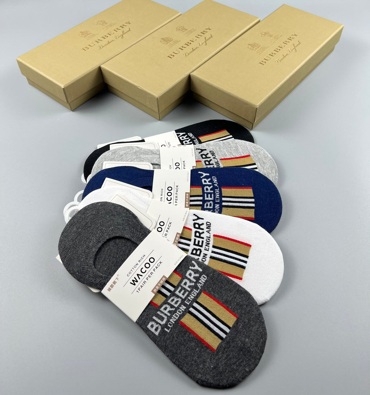 Burberry Stripe And Wordmark Details No-Show Socks - 5-Pair Set