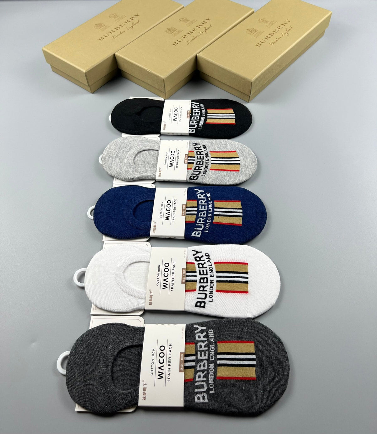 Burberry Stripe And Wordmark Details No-Show Socks - 5-Pair Set