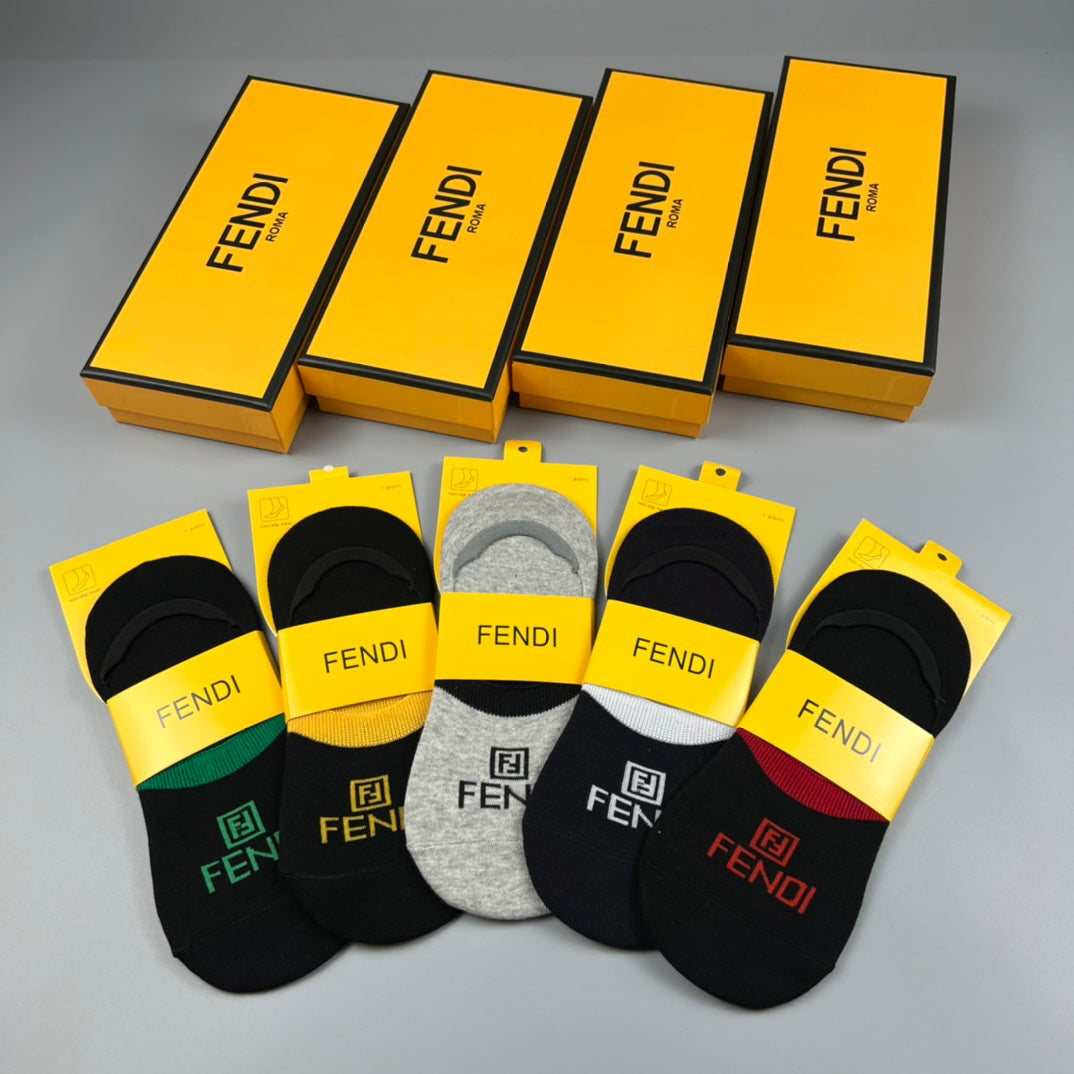 Fendi Cotton Visible Colour, Cuff And Emblem Details No-Show Socks - 5-Pair Set