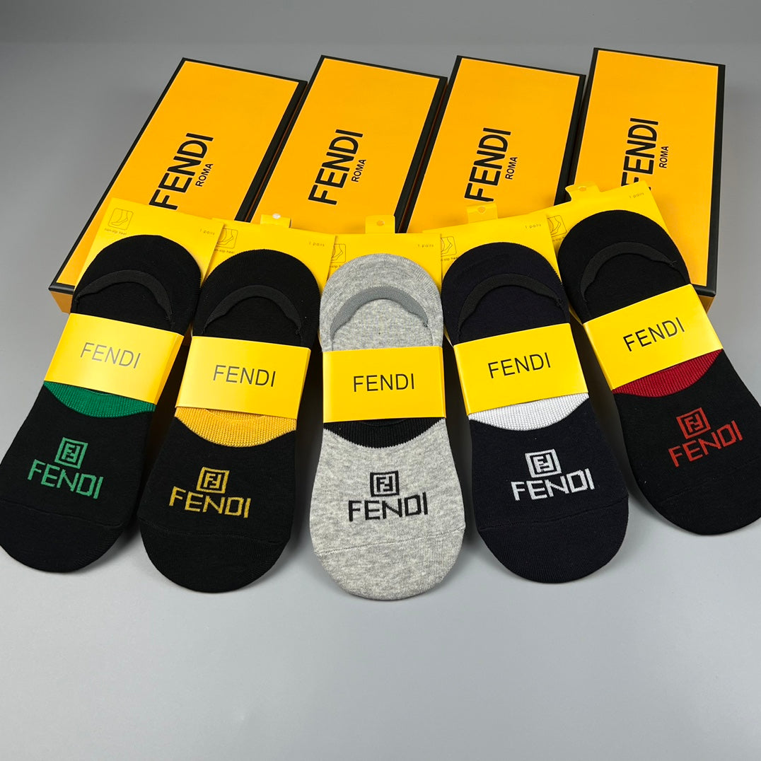 Fendi Cotton Visible Colour, Cuff And Emblem Details No-Show Socks - 5-Pair Set