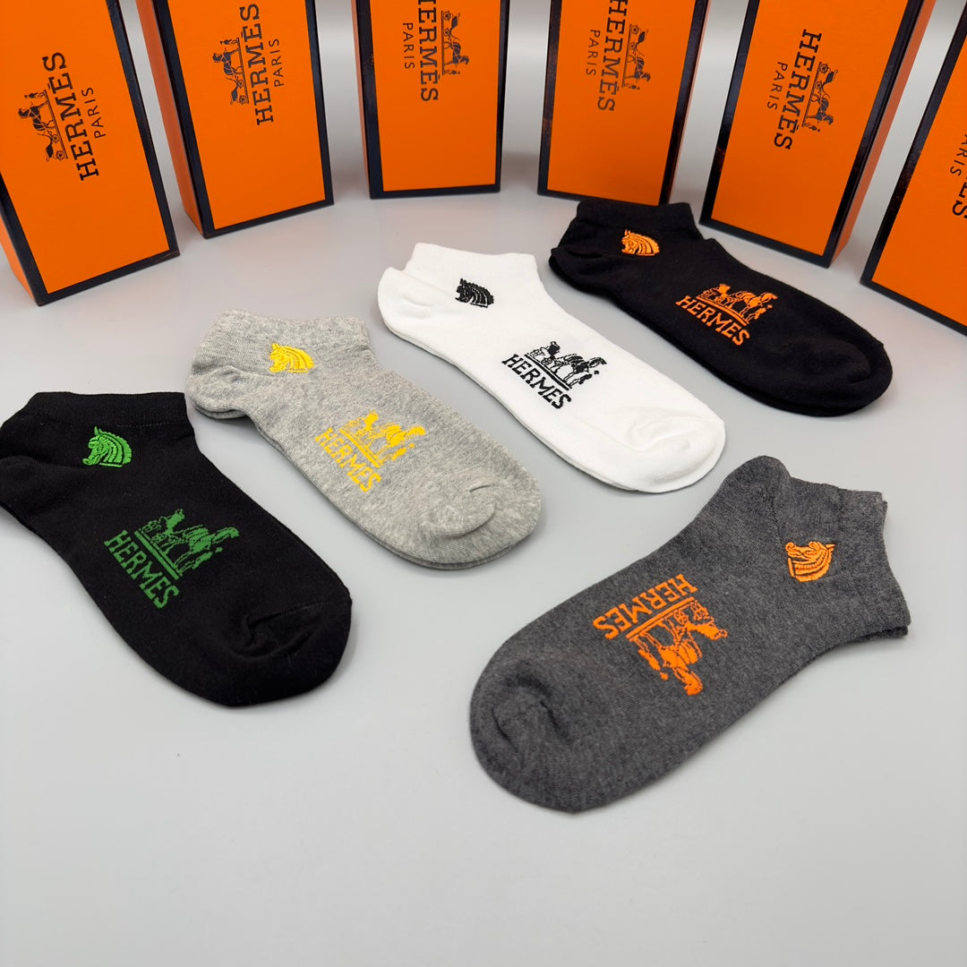 Hermes Visible Colour, Cuff And Emblem Details No-Show Socks - 5-Pair Set