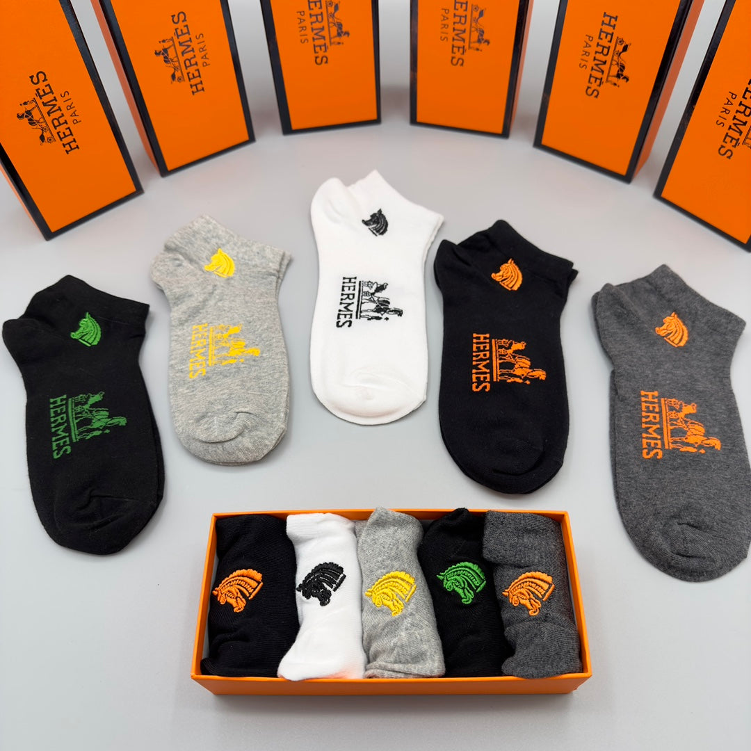Hermes Equestrian-Style Graphics No-Show Socks - 5-Pair Set