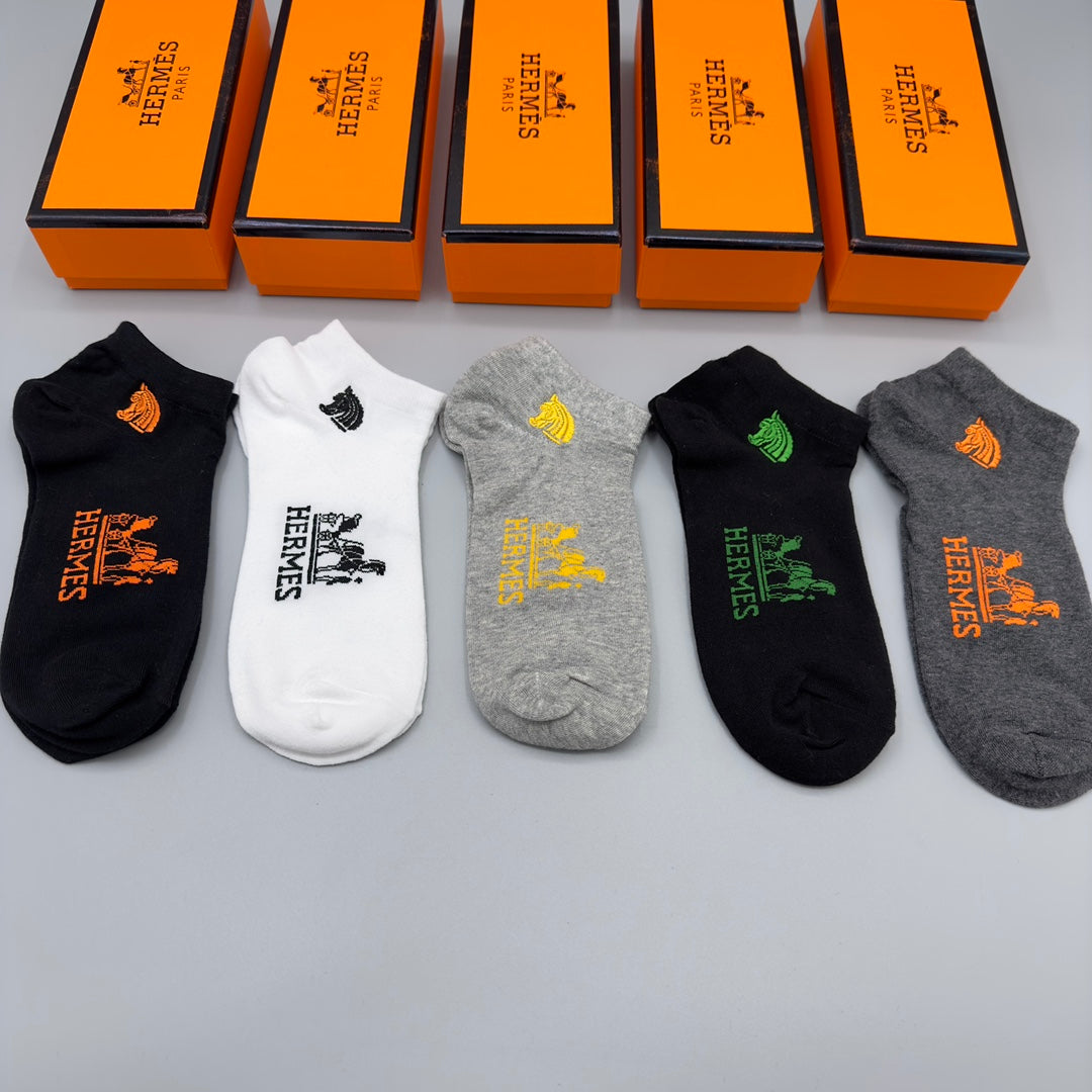 Hermes Cotton Blue, Green & White Tonal Waistbands No-Show Socks - 5-Pair Set