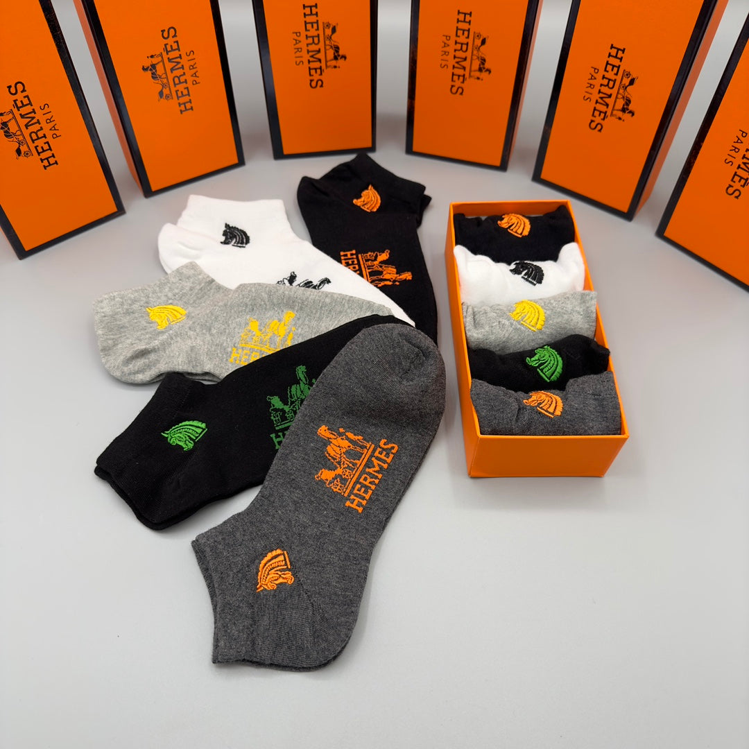Hermes Visible Colour, Cuff And Emblem Details No-Show Socks - 5-Pair Set