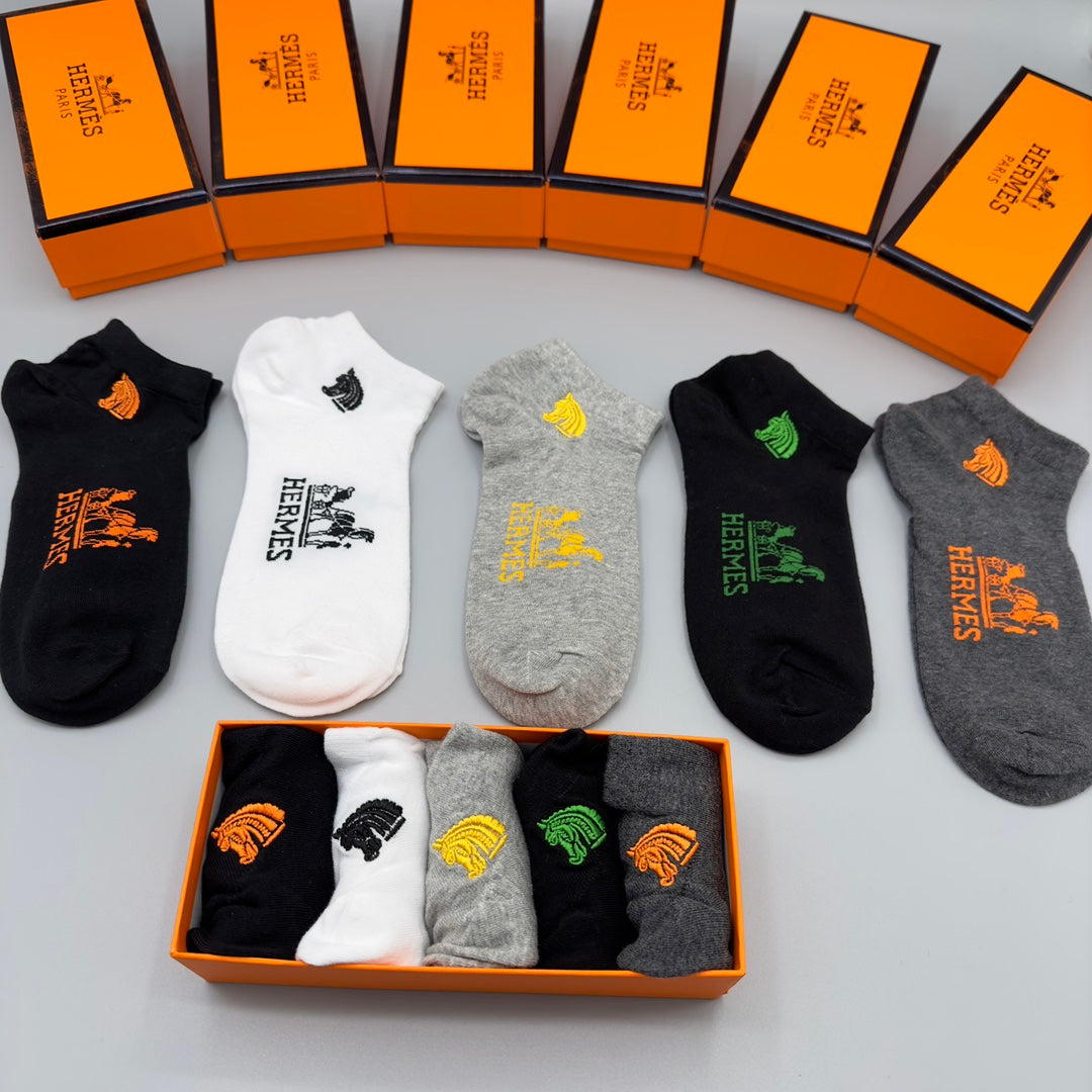 Hermes Equestrian-Style Graphics No-Show Socks - 5-Pair Set